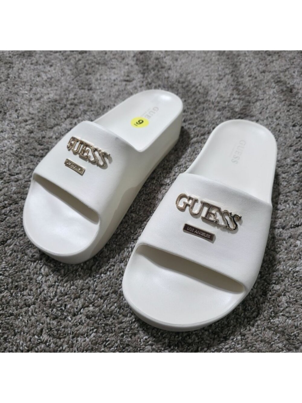 GUESS WGSwings-R Women’s White Gold Logo Platform Slide Sandals Size 9M
